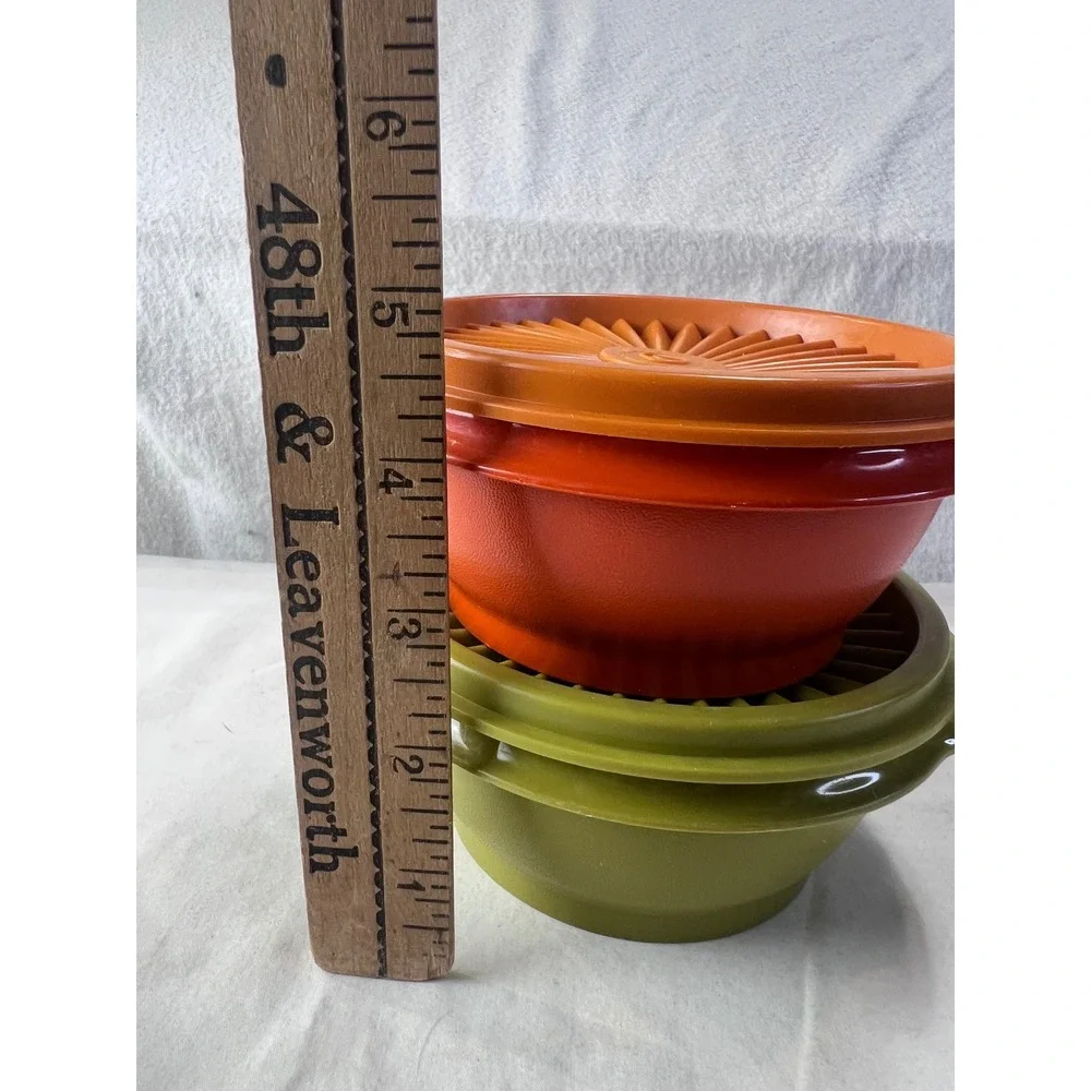 Vintage Tupperware Servalier Bowls Set of 2 Orange Green Sunburst Lids 1323